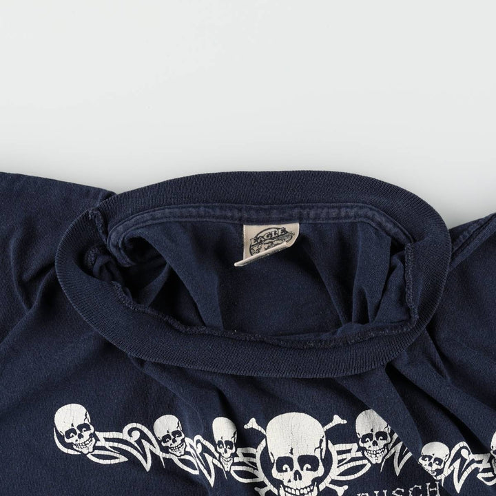 90'S EAGLE Bush Gardens Skull Pattern Tribal Print T-Shirt, Made in USA, Men's XL equivalent, Vintage cotton navy blue type Vintage Second Hand