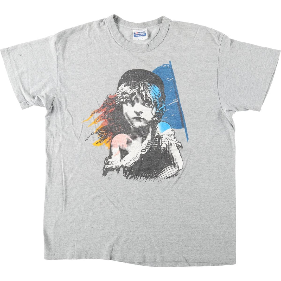 80'S Hanes Poly-Cotton Blue Tag Les Miserables Print T-Shirt, Made in USA, Men's XL Equivalent, Vintage cotton gray type Vintage Second Hand