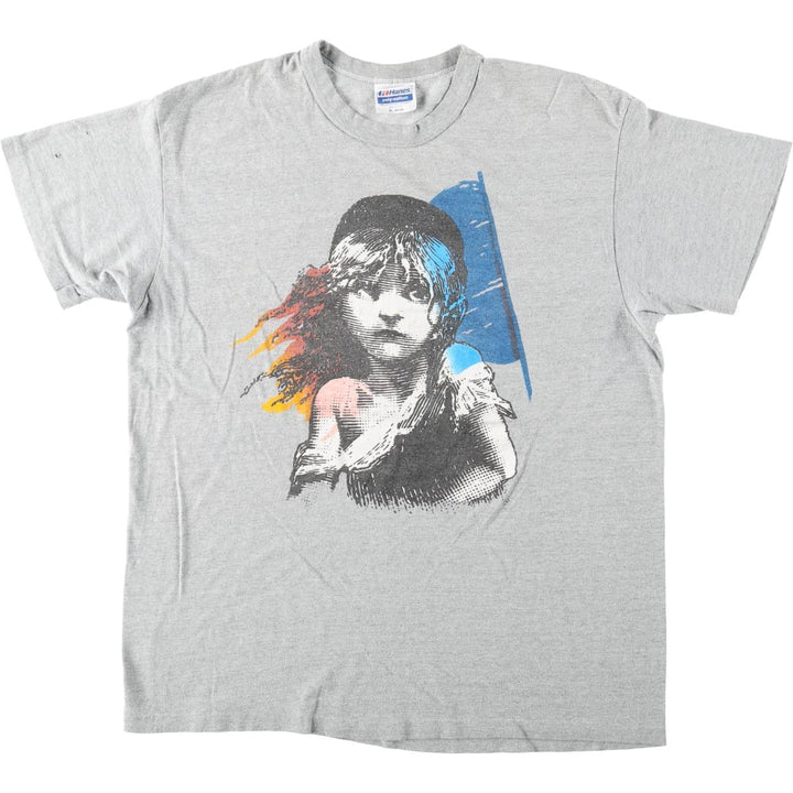 80'S Hanes Poly-Cotton Blue Tag Les Miserables Print T-Shirt, Made in USA, Men's XL Equivalent, Vintage cotton gray type Vintage Second Hand
