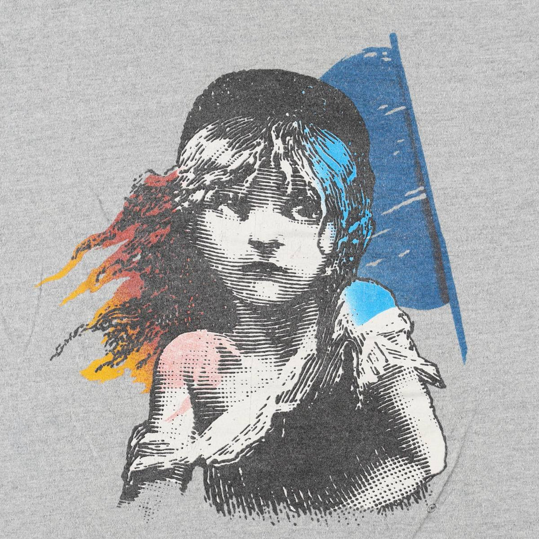 80'S Hanes Poly-Cotton Blue Tag Les Miserables Print T-Shirt, Made in USA, Men's XL Equivalent, Vintage cotton gray type Vintage Second Hand