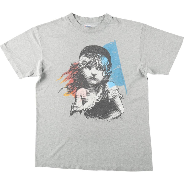 80'S Hanes Poly-Cotton Blue Tag Les Miserables Print T-Shirt, Made in USA, Men's Size L (approx.), Vintage cotton gray type Vintage Second Hand