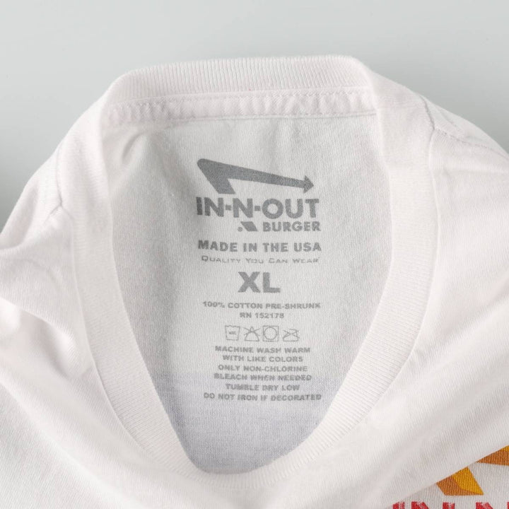 IN-N-OUT BURGER advertising T-shirt, made in the USA, men's size XL equivalent, double-sided print. cotton white type Vintage Second Hand