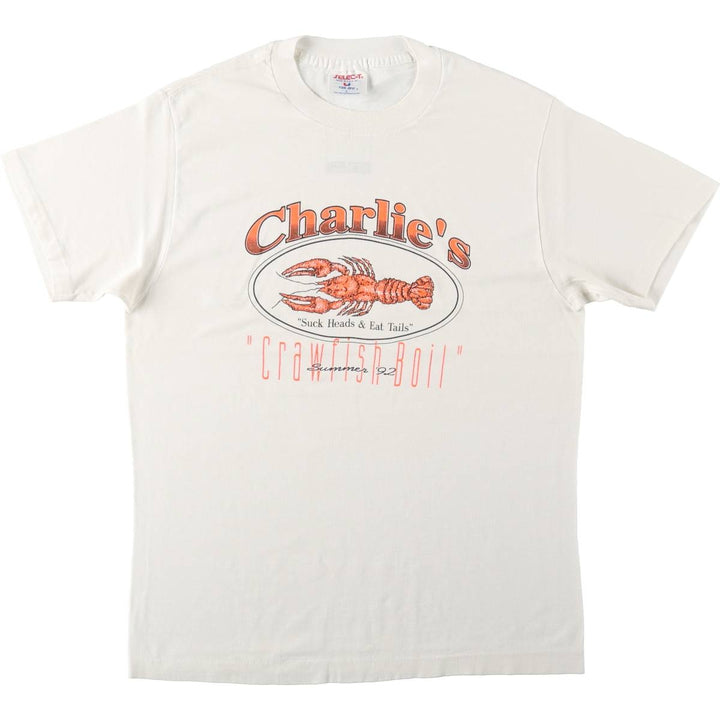 90'S Tee Jays selec-T Charlie's Advertising T-Shirt Made in USA Men's L equivalent Vintage polyester white type Vintage Second Hand