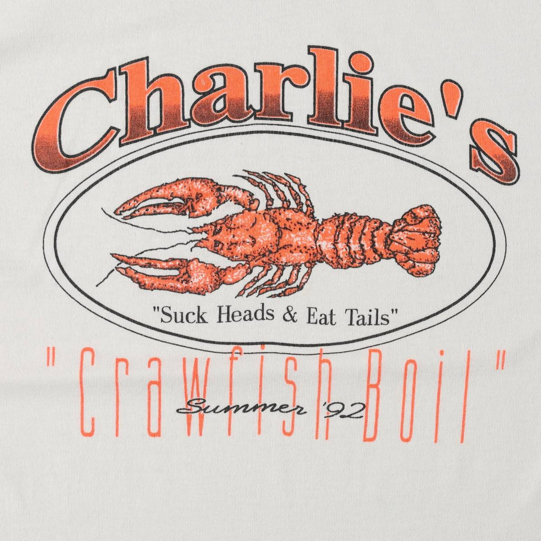 90'S Tee Jays selec-T Charlie's Advertising T-Shirt Made in USA Men's L equivalent Vintage polyester white type Vintage Second Hand