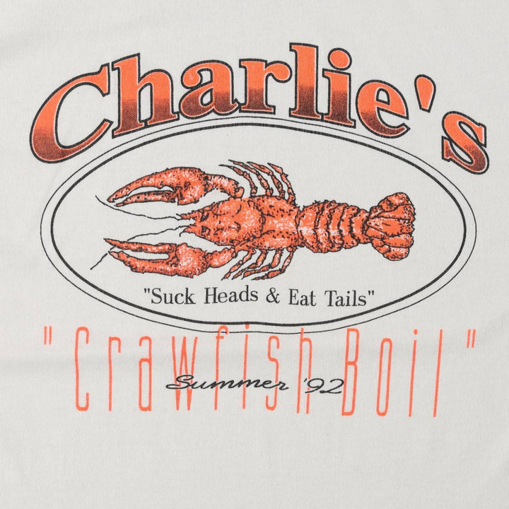 90'S Tee Jays selec-T Charlie's Advertising T-Shirt Made in USA Men's L equivalent Vintage polyester white type Vintage Second Hand