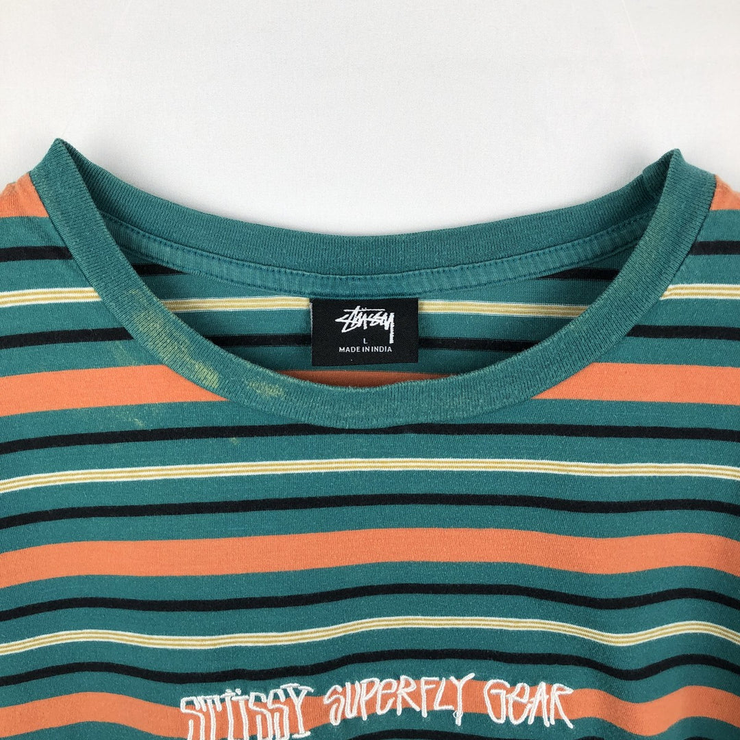 Stussy Multi-Striped Surf Skate T-Shirt, Men's Size L (approx.) cotton green type Vintage Second Hand