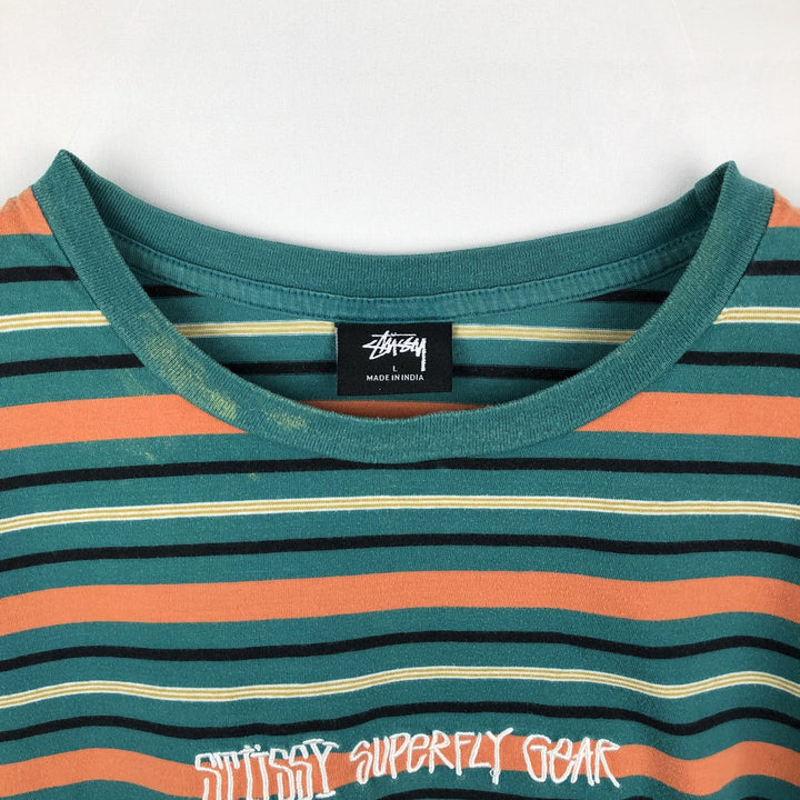 Stussy Multi-Striped Surf Skate T-Shirt, Men's Size L (approx.) cotton green type Vintage Second Hand