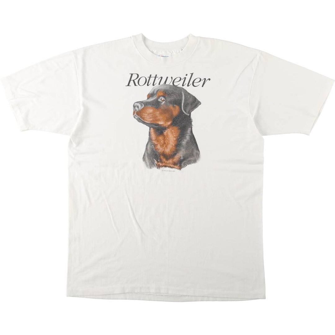 80'S Hanes Fifty-Fifty Blue Tag Rottweiler Dog Print Animal T-Shirt, Made in USA, Men's XL (approx.) cotton white type Vintage Second Hand