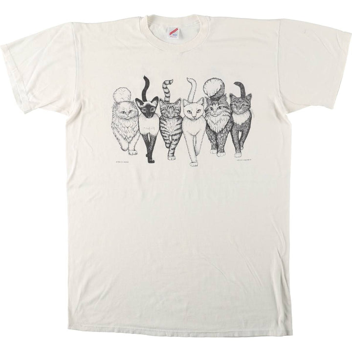 80'S Jerzees Cat Pattern Animal T-Shirt, Made in USA, Men's XL equivalent, Vintage cotton white type Vintage Second Hand