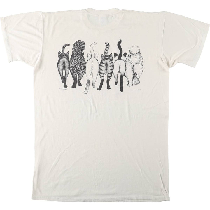 80'S Jerzees Cat Pattern Animal T-Shirt, Made in USA, Men's XL equivalent, Vintage cotton white type Vintage Second Hand