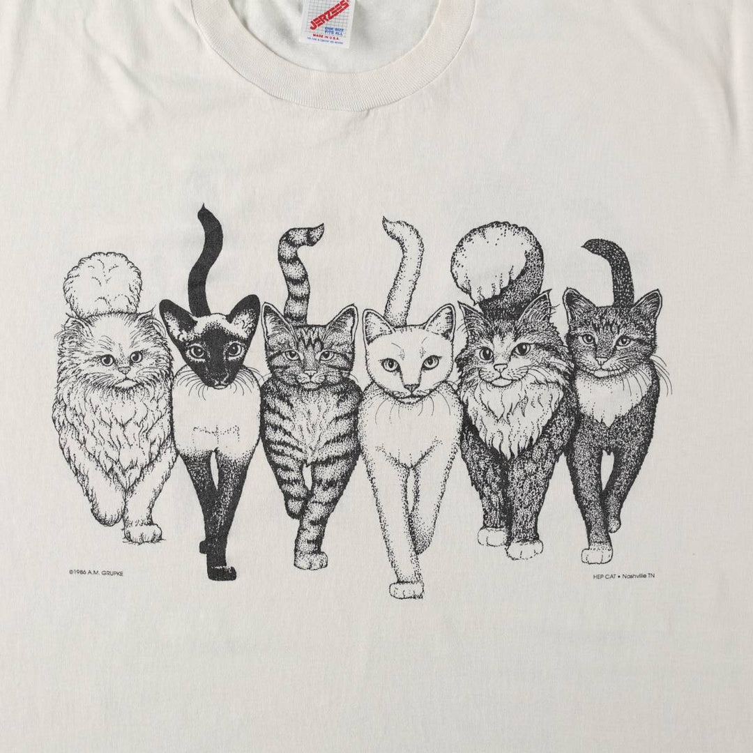 80'S Jerzees Cat Pattern Animal T-Shirt, Made in USA, Men's XL equivalent, Vintage cotton white type Vintage Second Hand