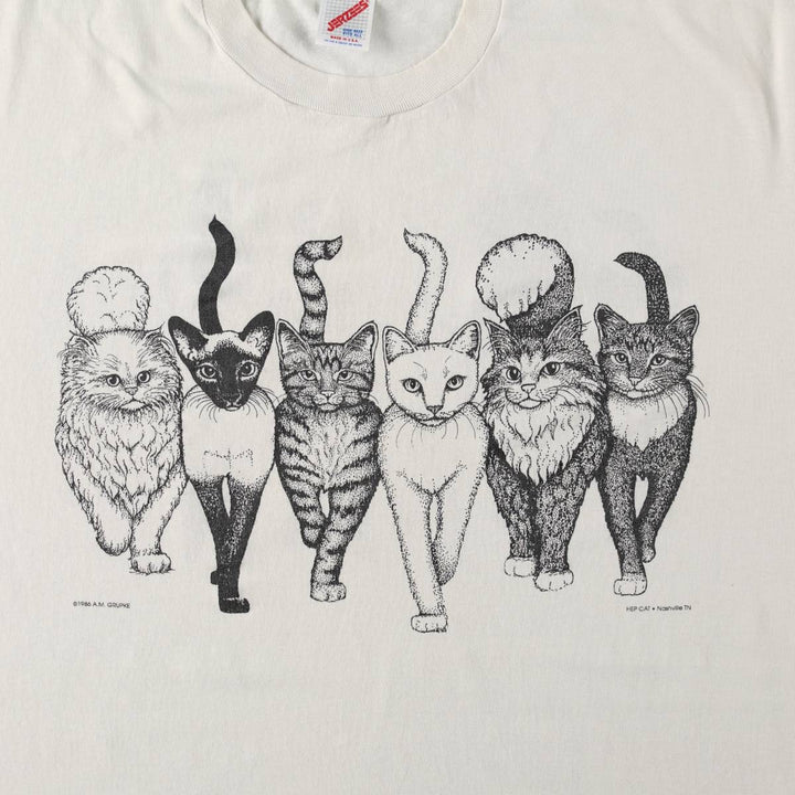 80'S Jerzees Cat Pattern Animal T-Shirt, Made in USA, Men's XL equivalent, Vintage cotton white type Vintage Second Hand