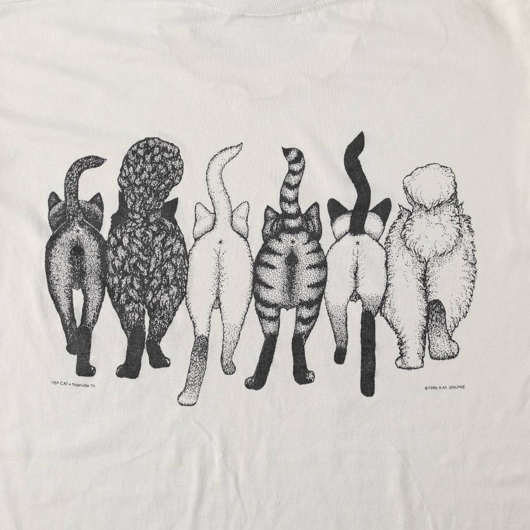 80'S Jerzees Cat Pattern Animal T-Shirt, Made in USA, Men's XL equivalent, Vintage cotton white type Vintage Second Hand