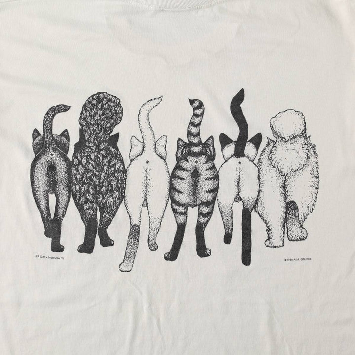 80'S Jerzees Cat Pattern Animal T-Shirt, Made in USA, Men's XL equivalent, Vintage cotton white type Vintage Second Hand