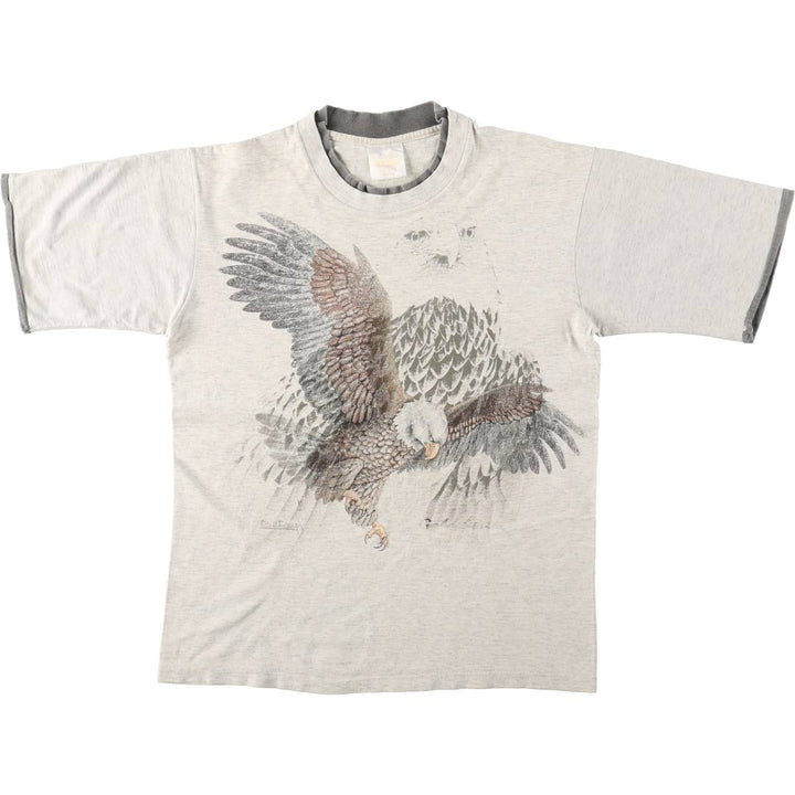 Eagle Pattern Animal T-Shirt, Made in USA, Men's Size M (Equivalent), Vintage cotton gray type Vintage Second Hand