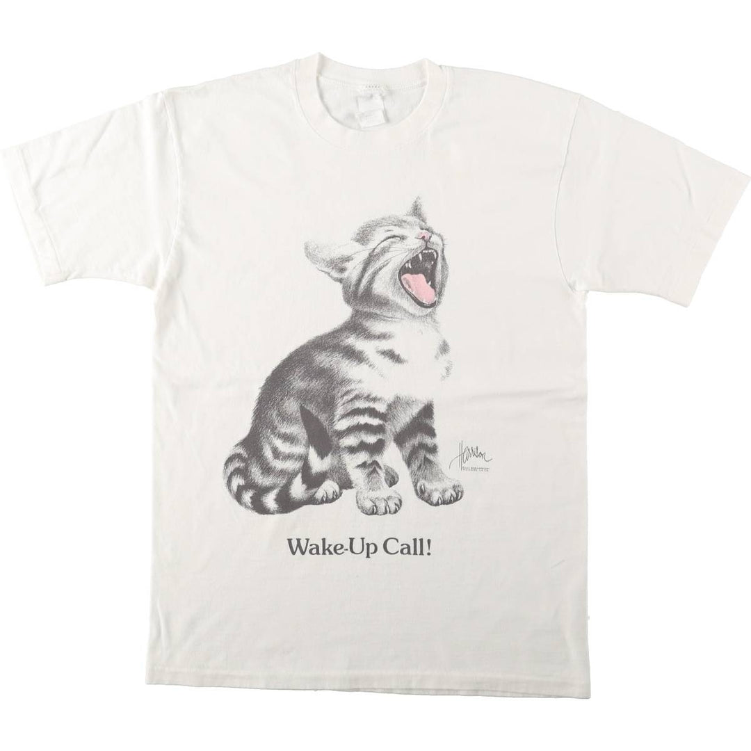 Cat Pattern Animal T-Shirt, Made in USA, Men's Size L (equivalent), Vintage unclear white type Vintage Second Hand
