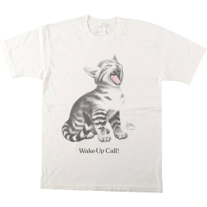 Cat Pattern Animal T-Shirt, Made in USA, Men's Size L (equivalent), Vintage unclear white type Vintage Second Hand