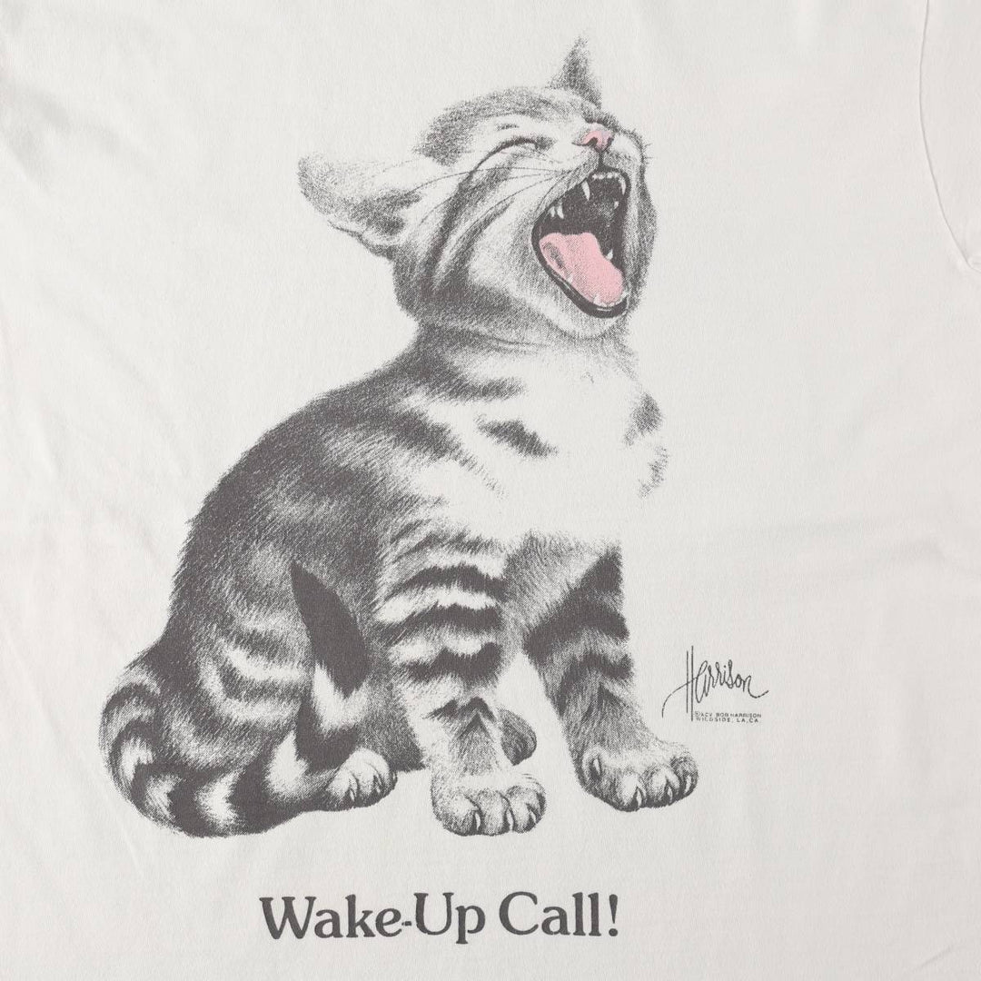 Cat Pattern Animal T-Shirt, Made in USA, Men's Size L (equivalent), Vintage unclear white type Vintage Second Hand