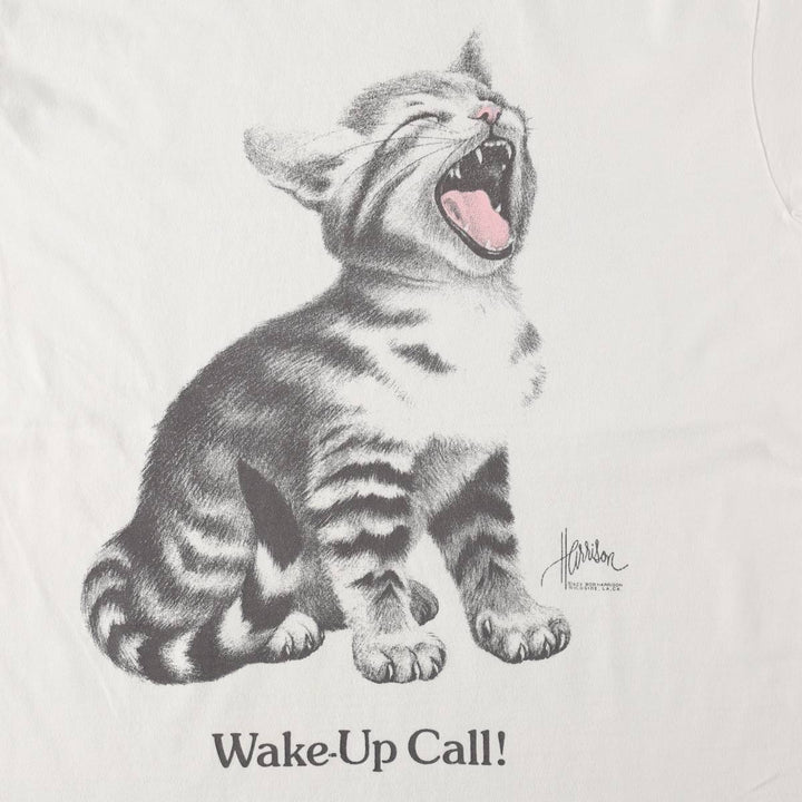 Cat Pattern Animal T-Shirt, Made in USA, Men's Size L (equivalent), Vintage unclear white type Vintage Second Hand
