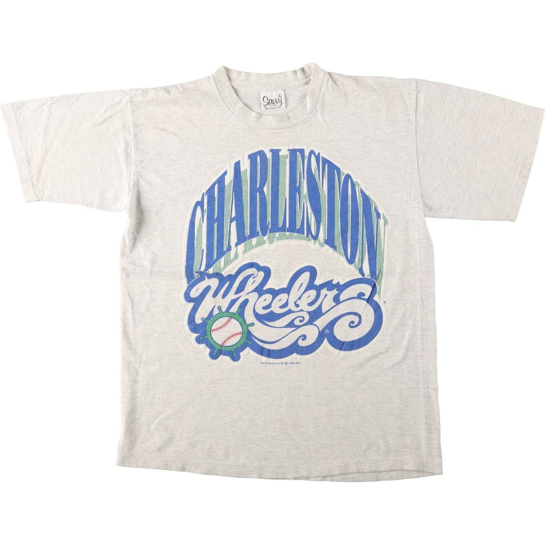 80'S SAVVY MLB Charleston Wheels Sports Print T-Shirt, Made in USA, Men's Size L (Equivalent), Vintage cotton white type Vintage Second Hand