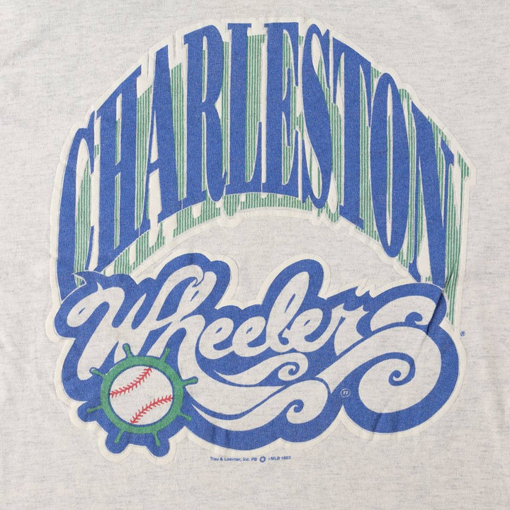 80'S SAVVY MLB Charleston Wheels Sports Print T-Shirt, Made in USA, Men's Size L (Equivalent), Vintage cotton white type Vintage Second Hand