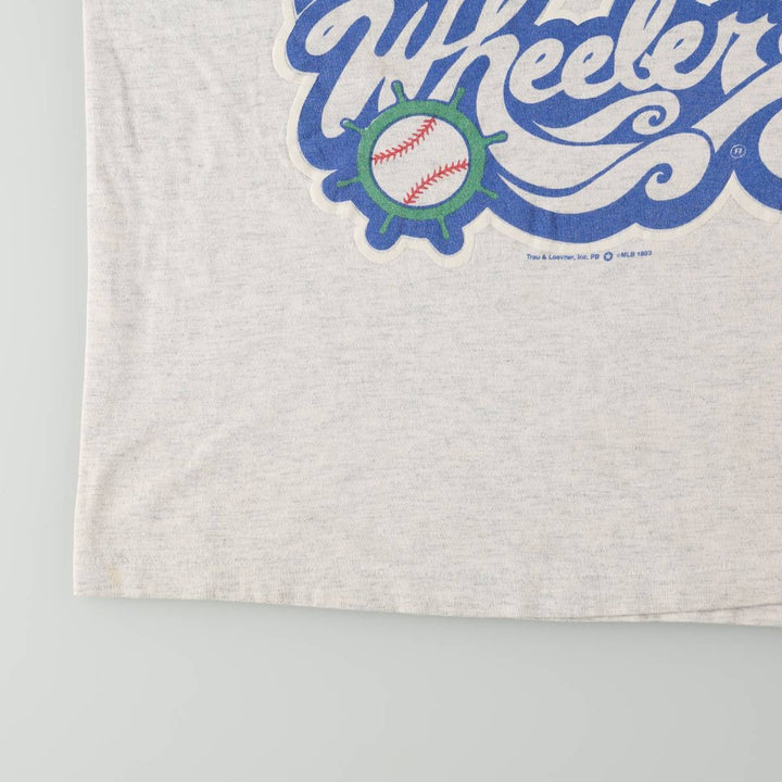 80'S SAVVY MLB Charleston Wheels Sports Print T-Shirt, Made in USA, Men's Size L (Equivalent), Vintage cotton white type Vintage Second Hand