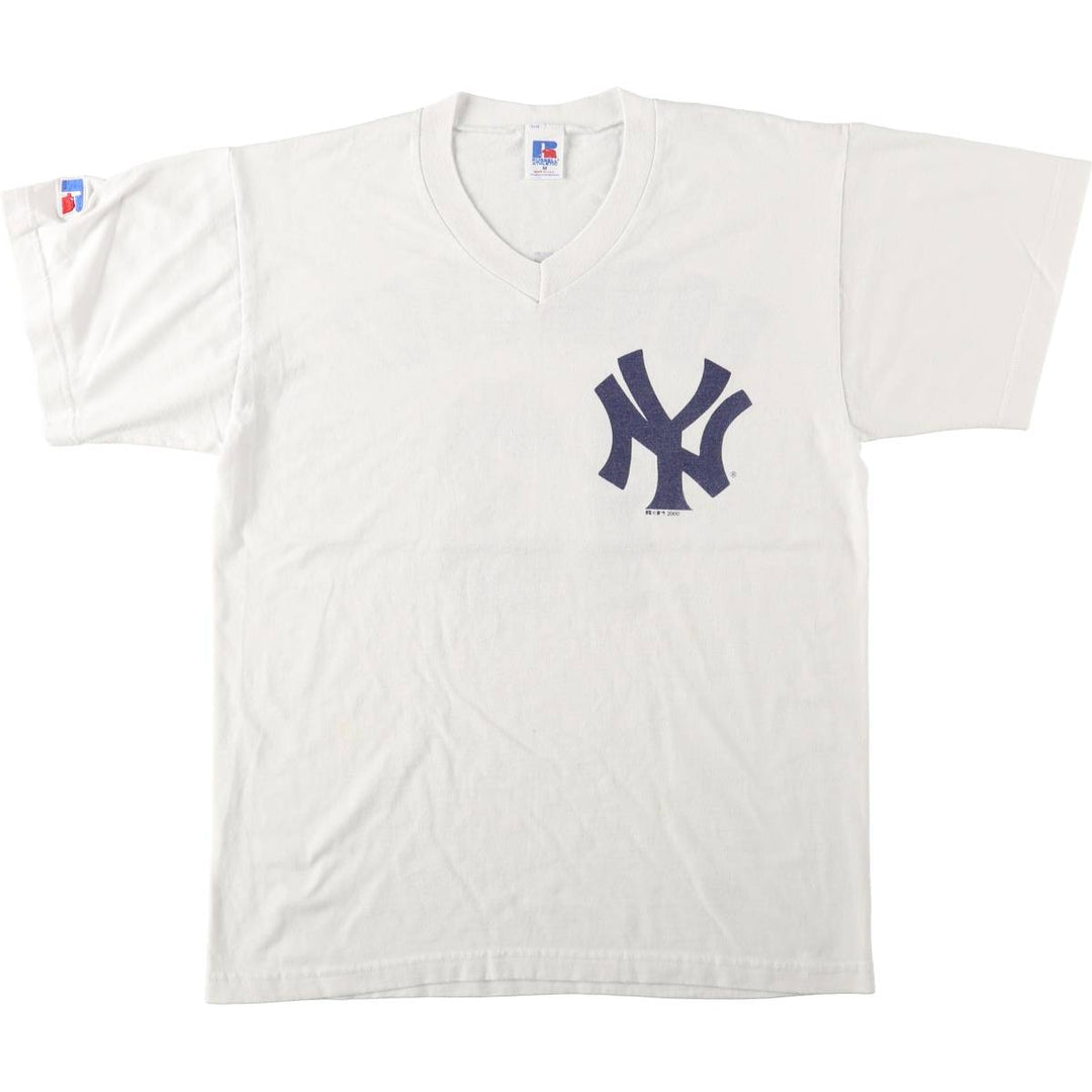 2000'S Russell Crowe MLB New York Yankees V-neck sports print T-shirt, Made in USA, Men's size M equivalent cotton white type Vintage Second Hand