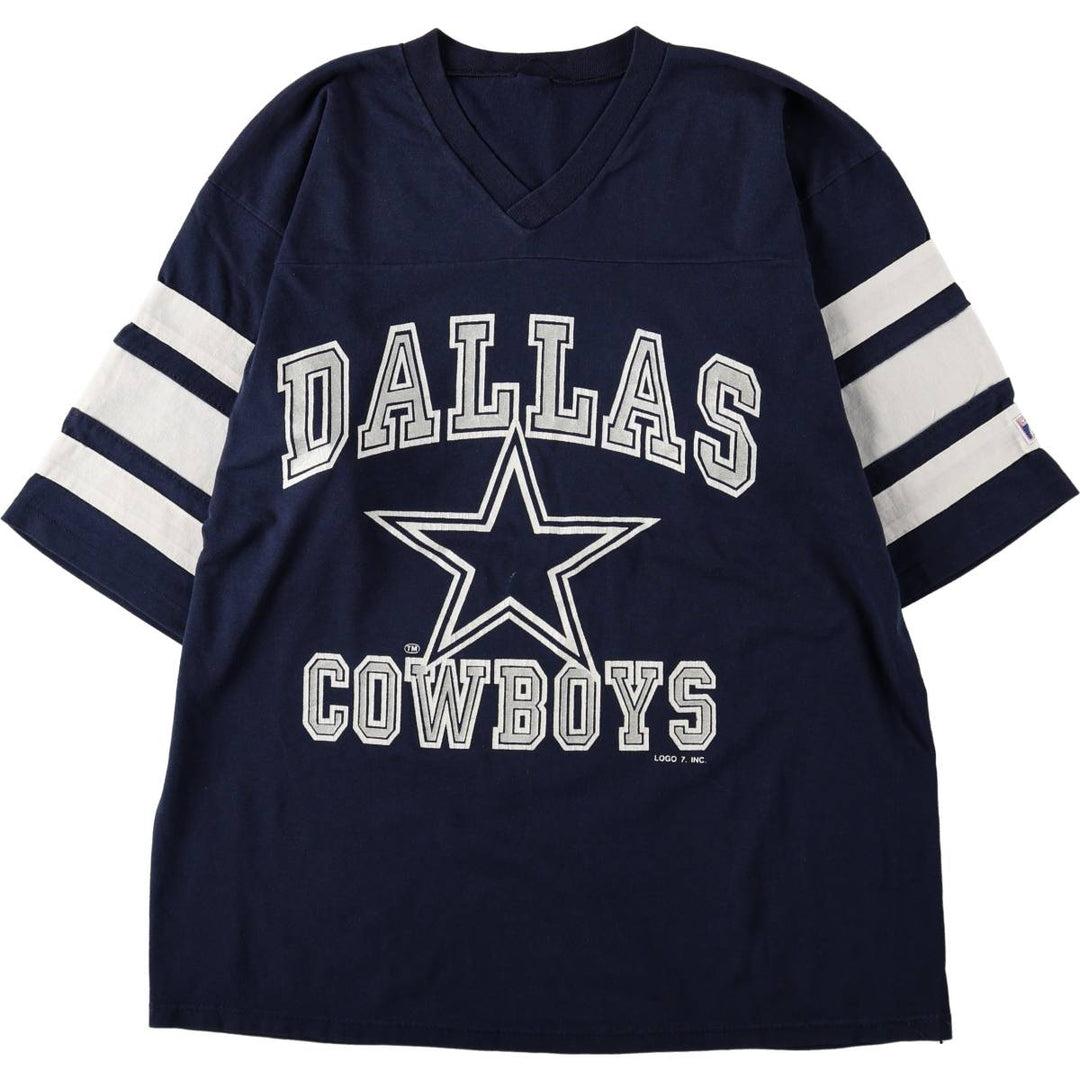 LOGO 7 NFL DALLAS COWBOYS Dallas Cowboys V-neck sports print T-shirt, Men's XL equivalent. unclear navy blue type Vintage Second Hand