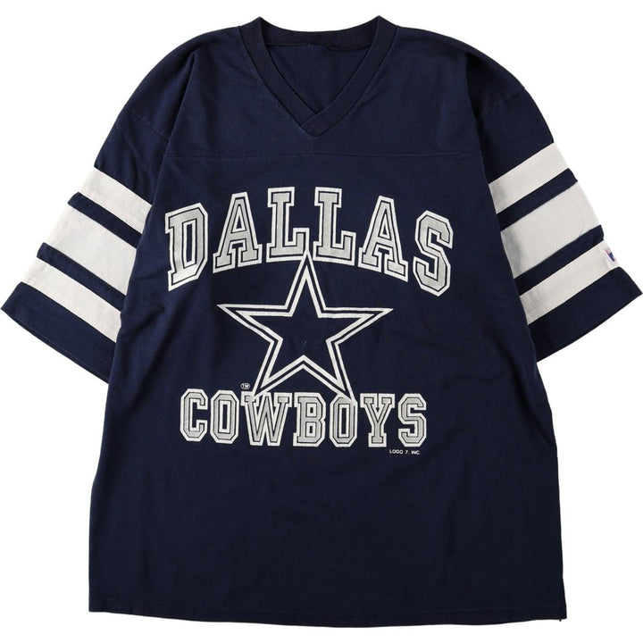 LOGO 7 NFL DALLAS COWBOYS Dallas Cowboys V-neck sports print T-shirt, Men's XL equivalent. unclear navy blue type Vintage Second Hand