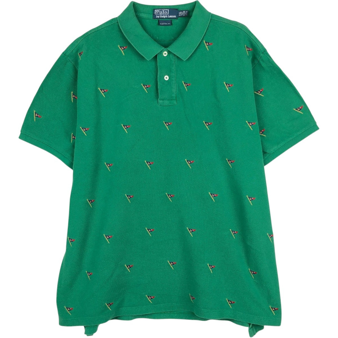 Ralph Lauren POLO by Ralph Lauren CUSTOM FIT all-over print long-sleeve polo shirt, men's size XXL equivalent. cotton green type Vintage Second Hand