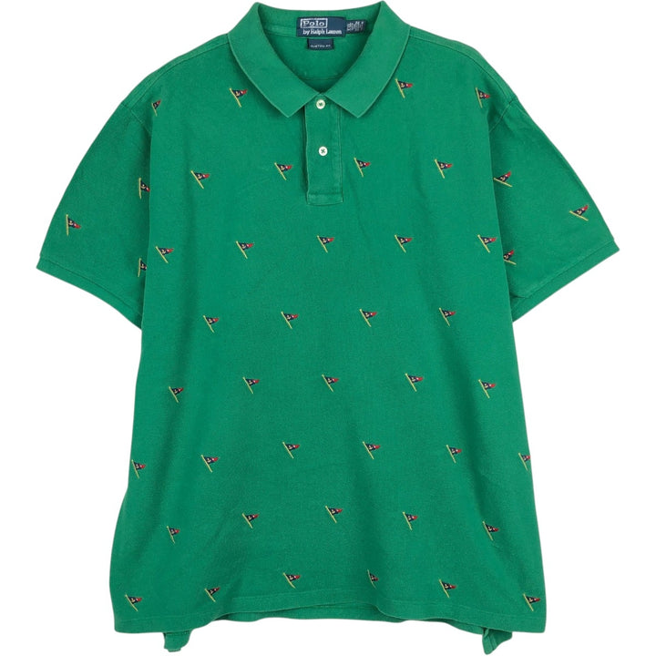 Ralph Lauren POLO by Ralph Lauren CUSTOM FIT all-over print long-sleeve polo shirt, men's size XXL equivalent. cotton green type Vintage Second Hand