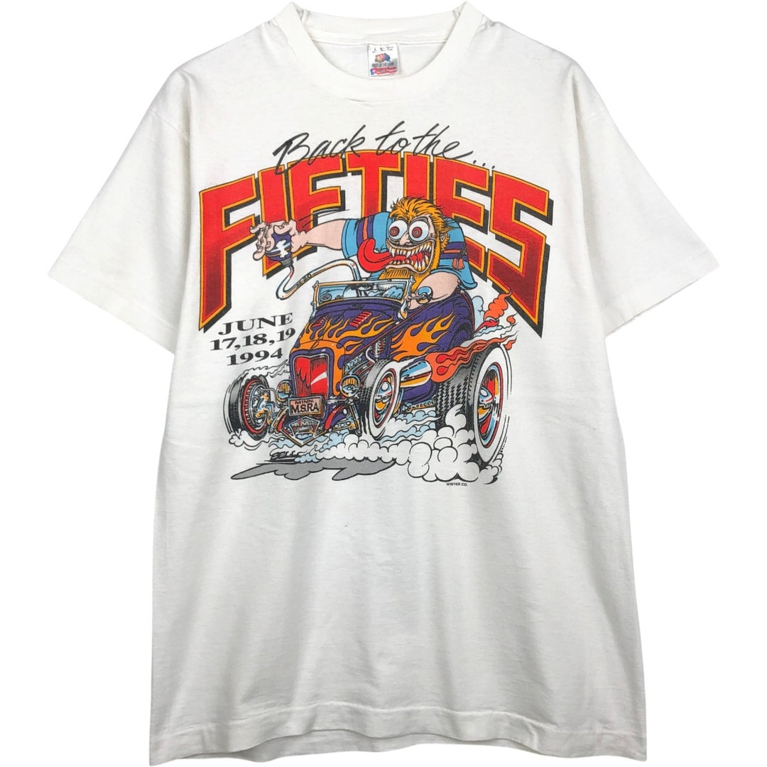 90'S Fruit of the Loom Back to the Fifties Fire Pattern Motorcycle T-Shirt, Made in USA, Men's Size L (approx.) cotton white type Vintage Second Hand