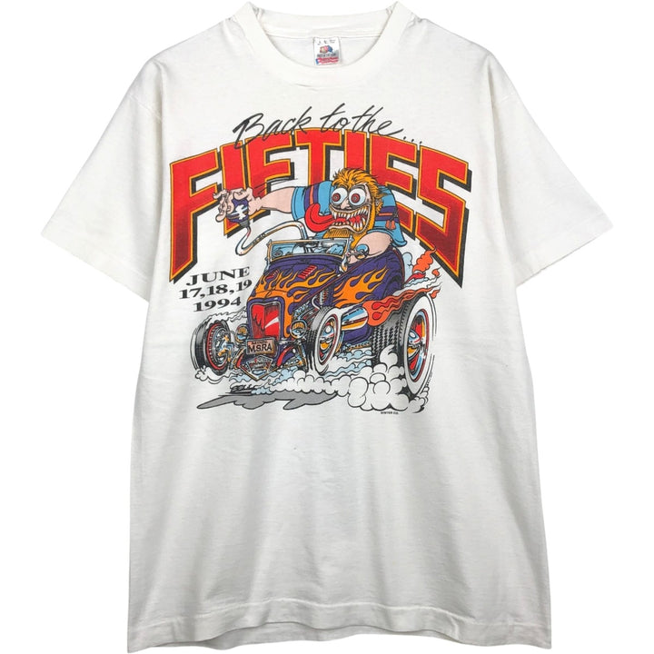 90'S Fruit of the Loom Back to the Fifties Fire Pattern Motorcycle T-Shirt, Made in USA, Men's Size L (approx.) cotton white type Vintage Second Hand