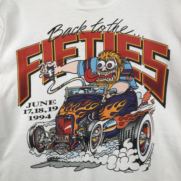 90'S Fruit of the Loom Back to the Fifties Fire Pattern Motorcycle T-Shirt, Made in USA, Men's Size L (approx.) cotton white type Vintage Second Hand