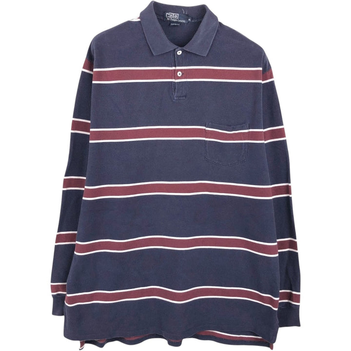 Ralph Lauren POLO by Ralph Lauren Multi-stripe Long-Sleeve Polo Shirt, Made in USA, Men's Size XL (approx.) cotton navy blue type Vintage Second Hand