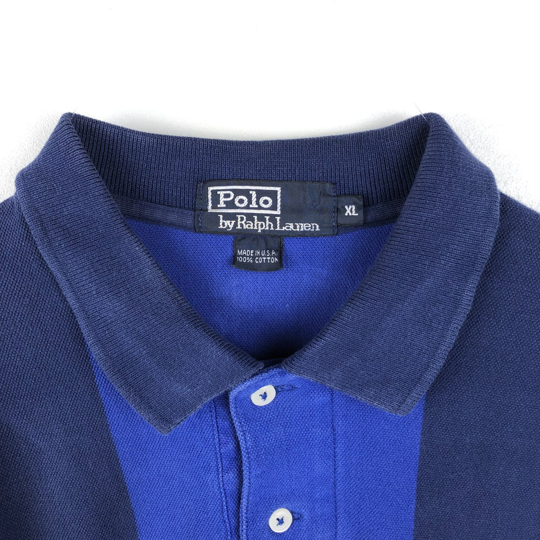 Ralph Lauren POLO by Ralph Lauren Long-Sleeve Striped Polo Shirt, Made in USA, Men's Size XL (approx.) cotton blue type Vintage Second Hand