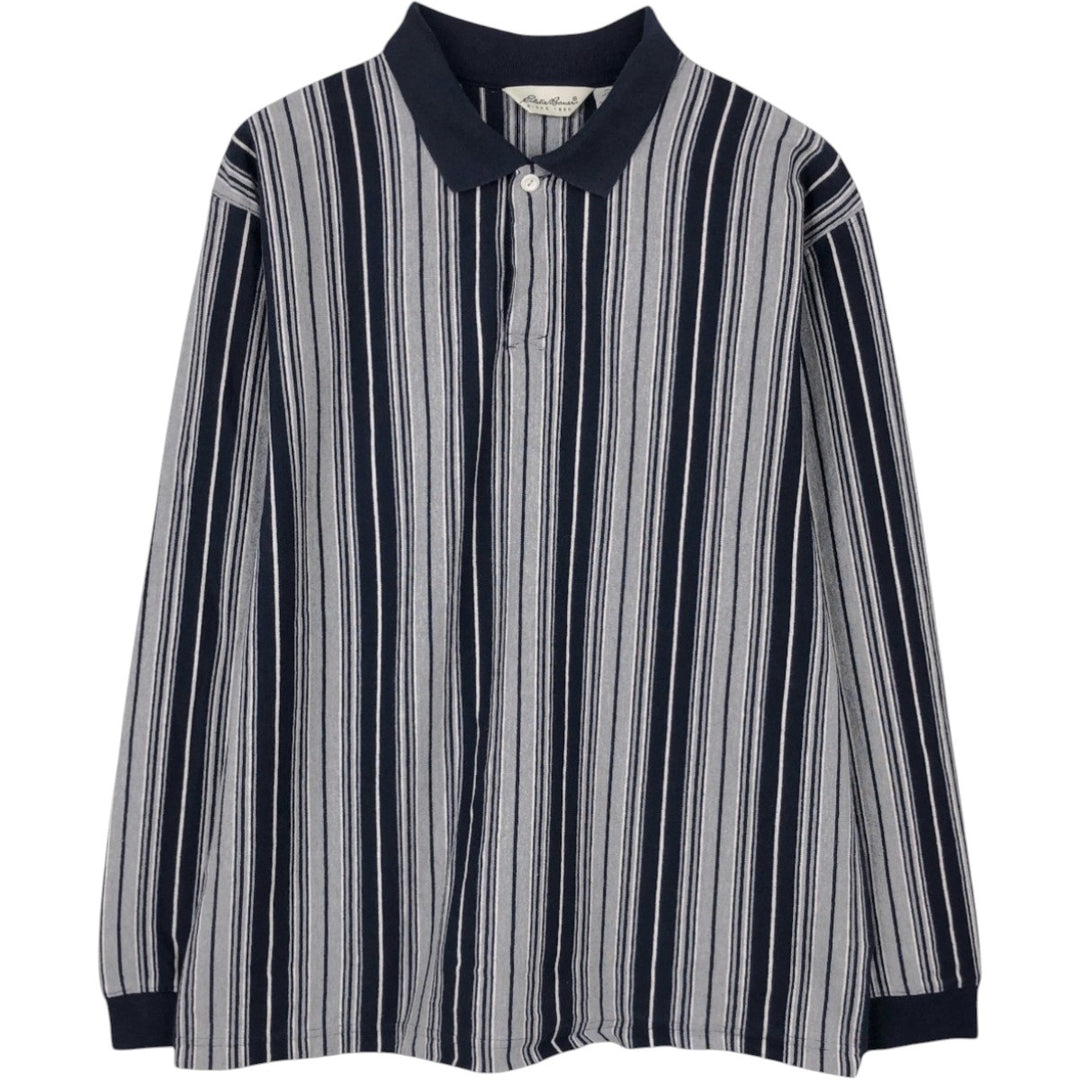 1990'S Eddie Bauer Long-Sleeve Striped Polo Shirt, Men's Size L (Equivalent), Vintage cotton navy blue type Vintage Second Hand