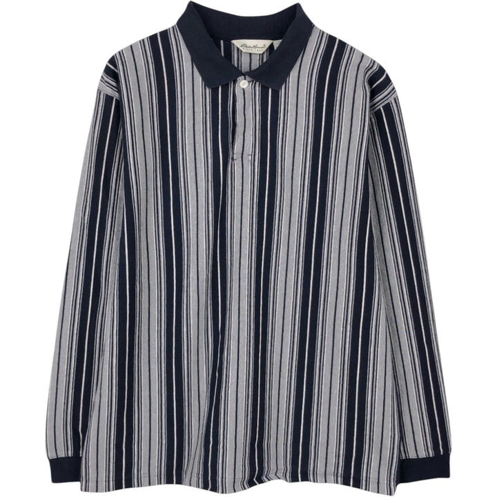 1990'S Eddie Bauer Long-Sleeve Striped Polo Shirt, Men's Size L (Equivalent), Vintage cotton navy blue type Vintage Second Hand