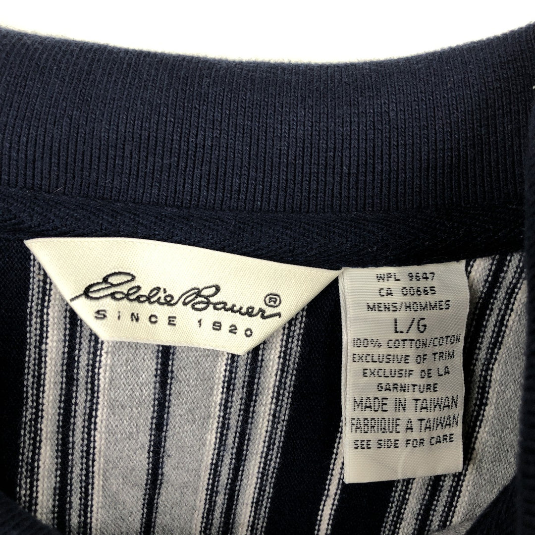 1990'S Eddie Bauer Long-Sleeve Striped Polo Shirt, Men's Size L (Equivalent), Vintage cotton navy blue type Vintage Second Hand