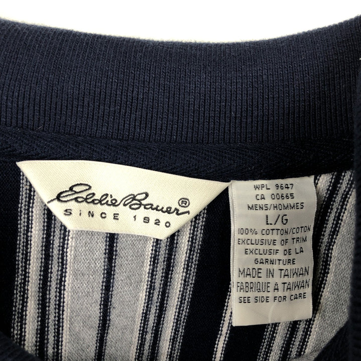 1990'S Eddie Bauer Long-Sleeve Striped Polo Shirt, Men's Size L (Equivalent), Vintage cotton navy blue type Vintage Second Hand