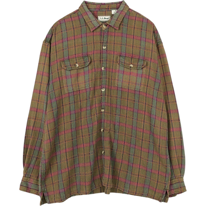 90s-00'S LLBean Vintage Check Pattern Stand Collar Shirt, Men's Size XL (approx.) cotton green type Vintage Second Hand