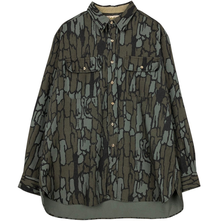 90'S Cabelas Vintage Treebark Camo Military Shirt, Made in USA, Men's Size XL (approx.) polyester Green type dark green Vintage Second Hand