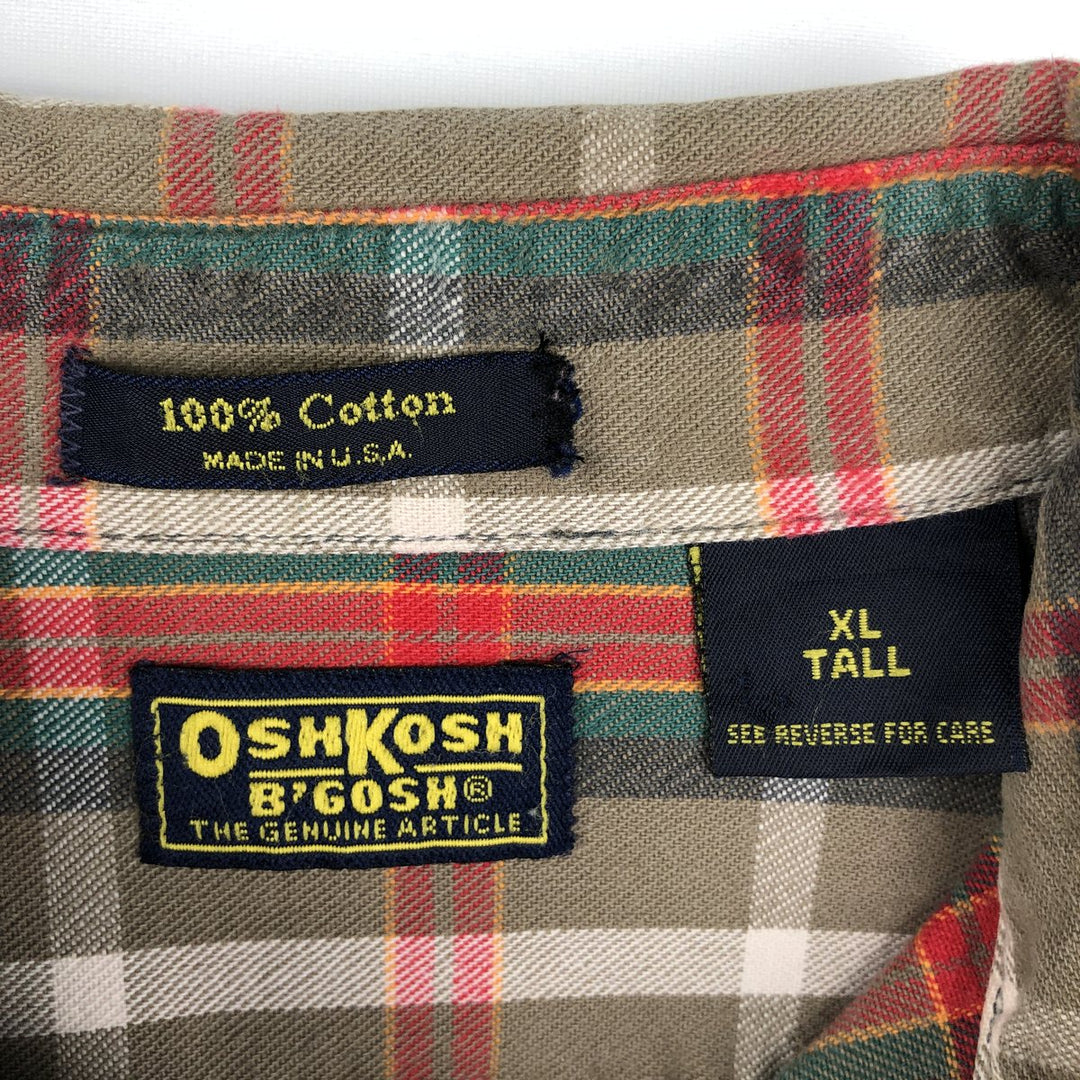 OSHKOSH B'GOSH Check Pattern Long-Sleeve Cotton Shirt, Made in USA, Men's XL Equivalent cotton brown type Vintage Second Hand