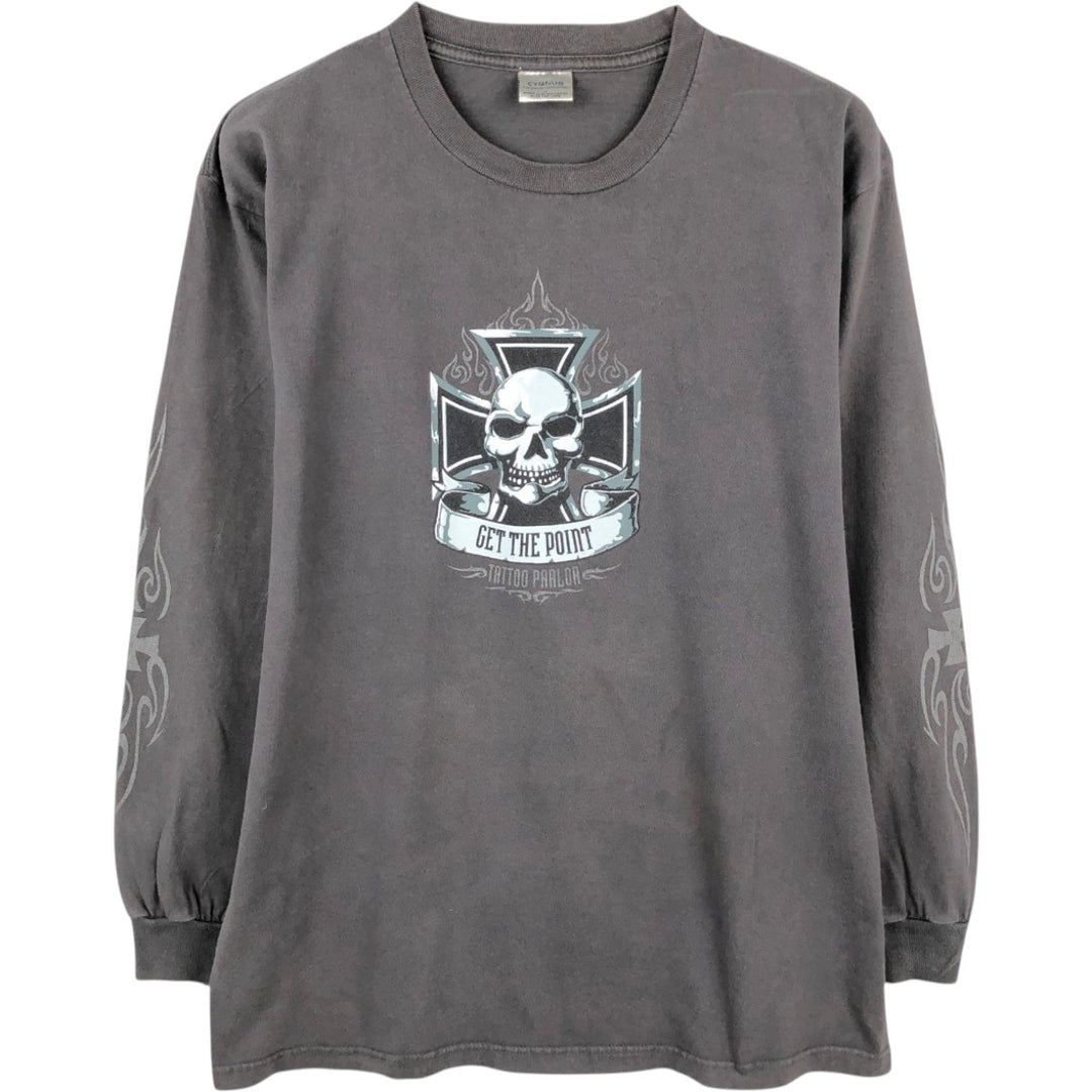 CYGNUS Skull Pattern Long-Sleeve T-Shirt (Men's Size L) cotton Charcoal Vintage Second Hand