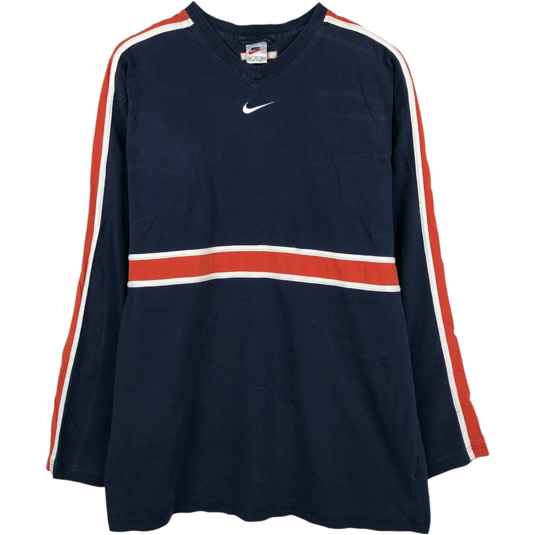 90s-era Nike V-neck long-sleeve t-shirt with center logo, men's size XL equivalent, vintage. cotton navy blue type Vintage Second Hand