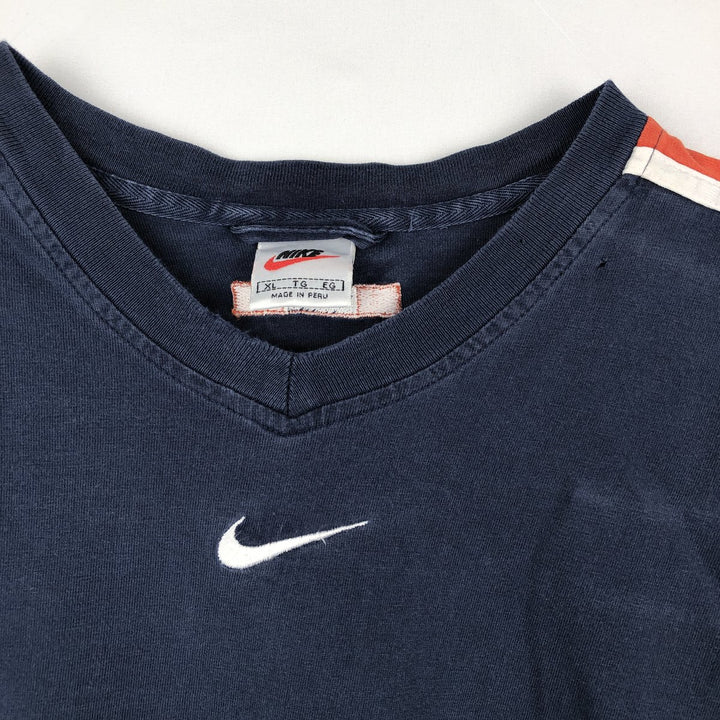 90s-era Nike V-neck long-sleeve t-shirt with center logo, men's size XL equivalent, vintage. cotton navy blue type Vintage Second Hand