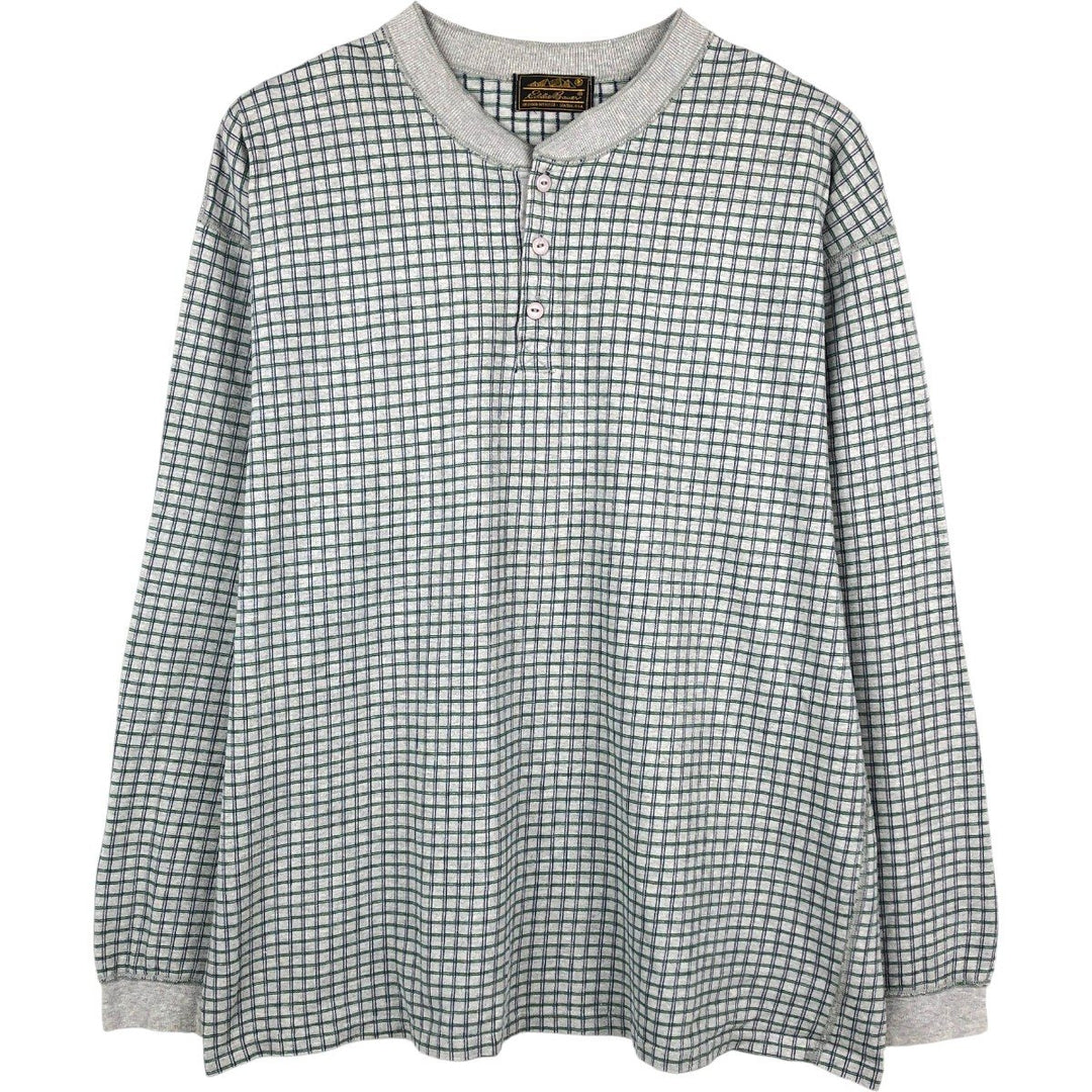80s-90'S Eddie Bauer Check Pattern Henley Neck Long-Sleeve T-Shirt (Men's XL equivalent) Vintage unclear gray type Vintage Second Hand