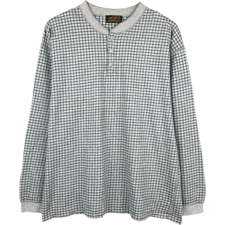 80s-90'S Eddie Bauer Check Pattern Henley Neck Long-Sleeve T-Shirt (Men's XL equivalent) Vintage unclear gray type Vintage Second Hand