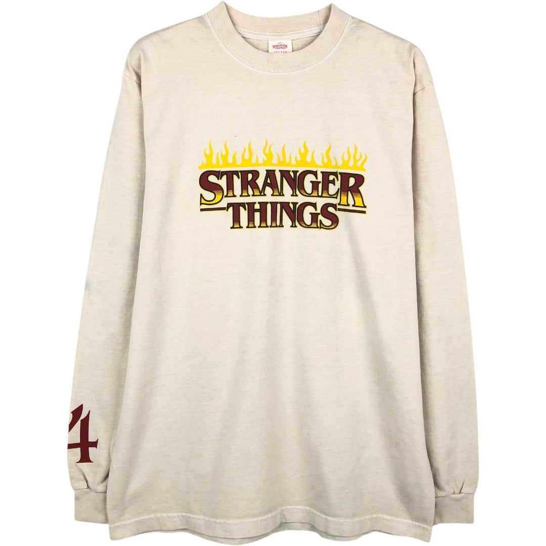 STRANGER THINGS Fire Pattern Long-Sleeve T-Shirt (Men's Size M) - Movie cotton Beige type Vintage Second Hand