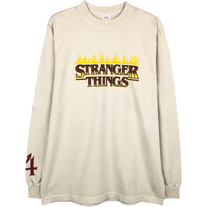 STRANGER THINGS Fire Pattern Long-Sleeve T-Shirt (Men's Size M) - Movie cotton Beige type Vintage Second Hand
